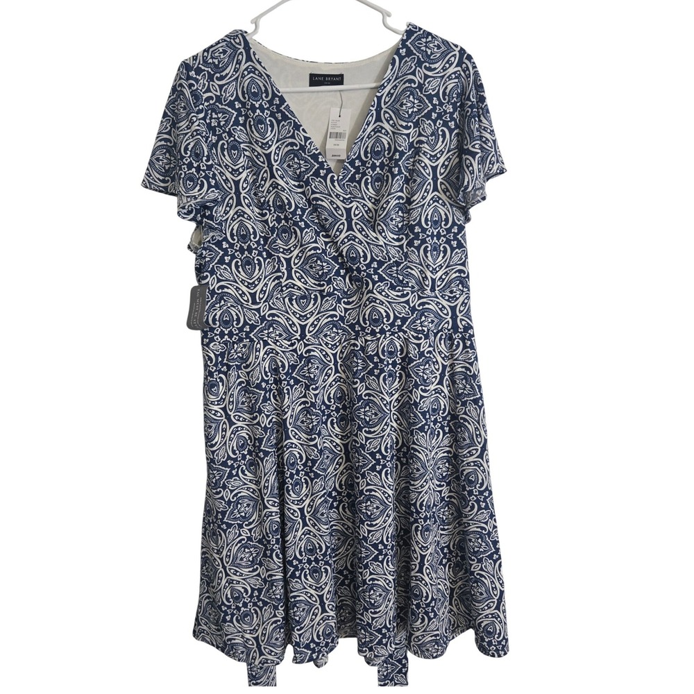 Lane Bryant Dress Women 14/16‎ Blue White Paisley Faux Wrap Fit Flare NWT